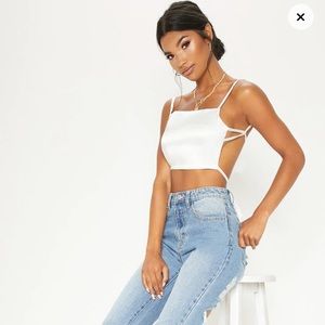 Cream Satin Backless Strappy Crop Top